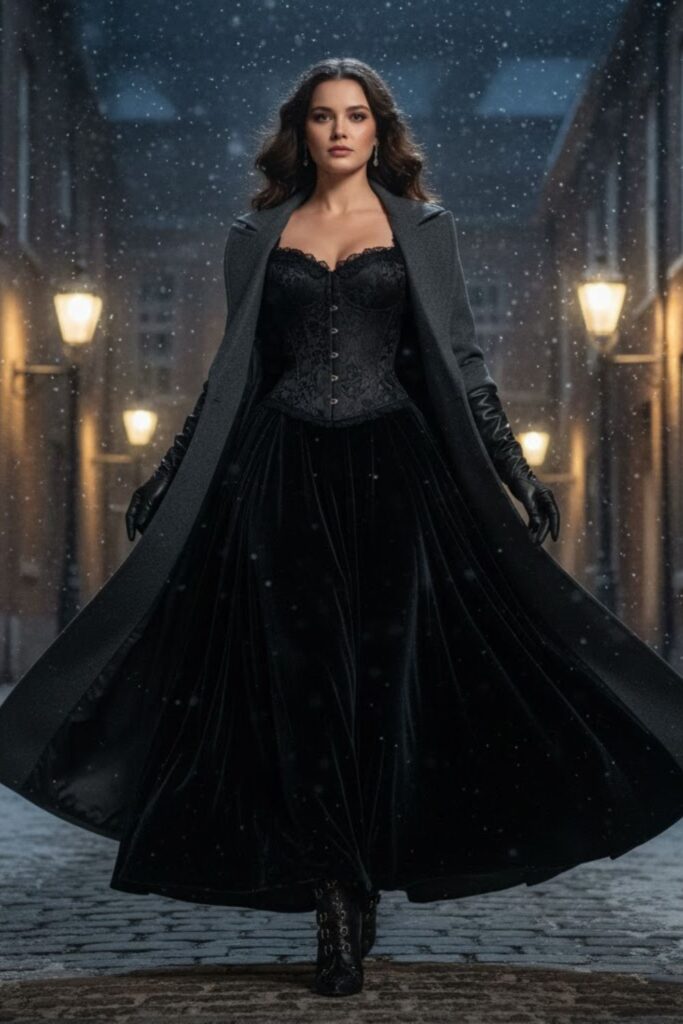 5. Long Coat with Corset and Maxi Skirt