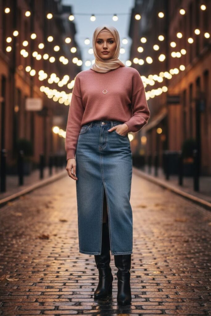 5. Long Denim Skirt with a Cropped Sweater and Knee-High Boots