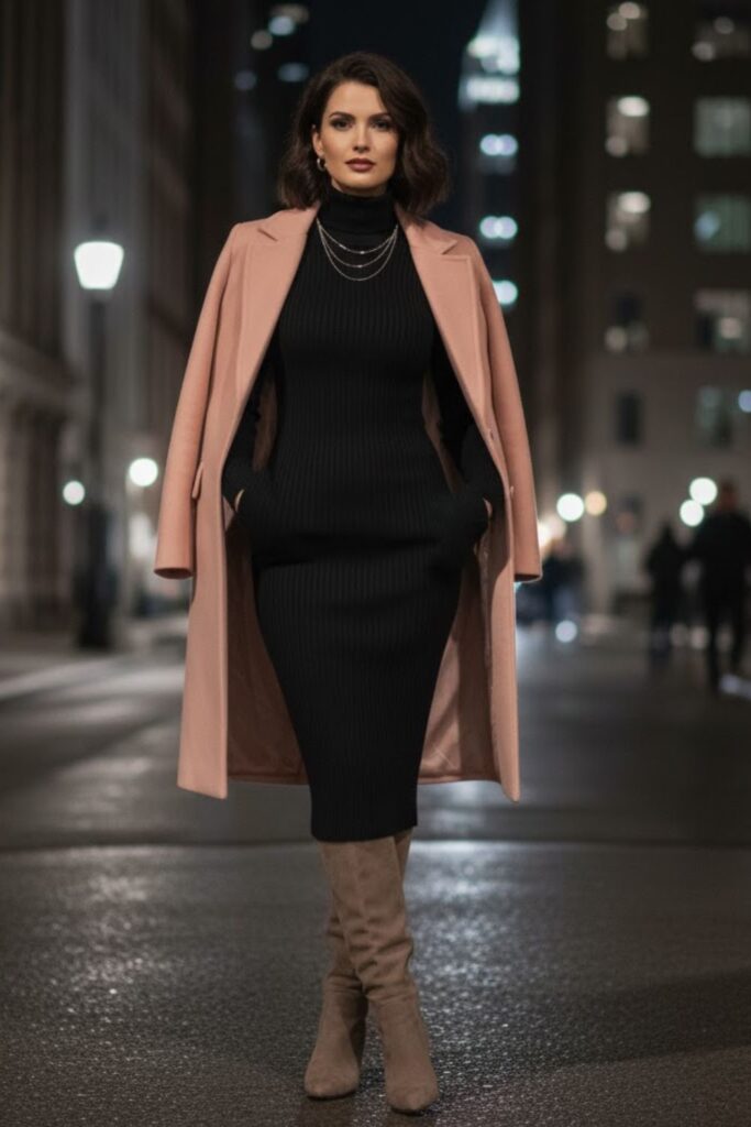 5. Long-Sleeve Bodycon Dress with Wool Coat