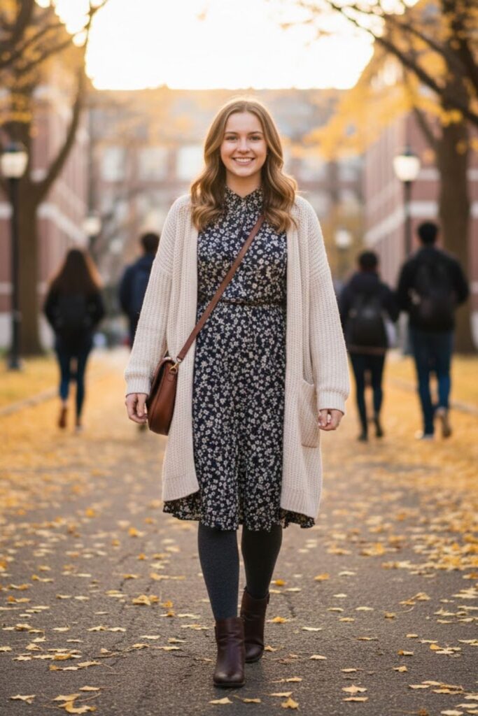 5. Long Sleeve Dress with Tights and Boots
