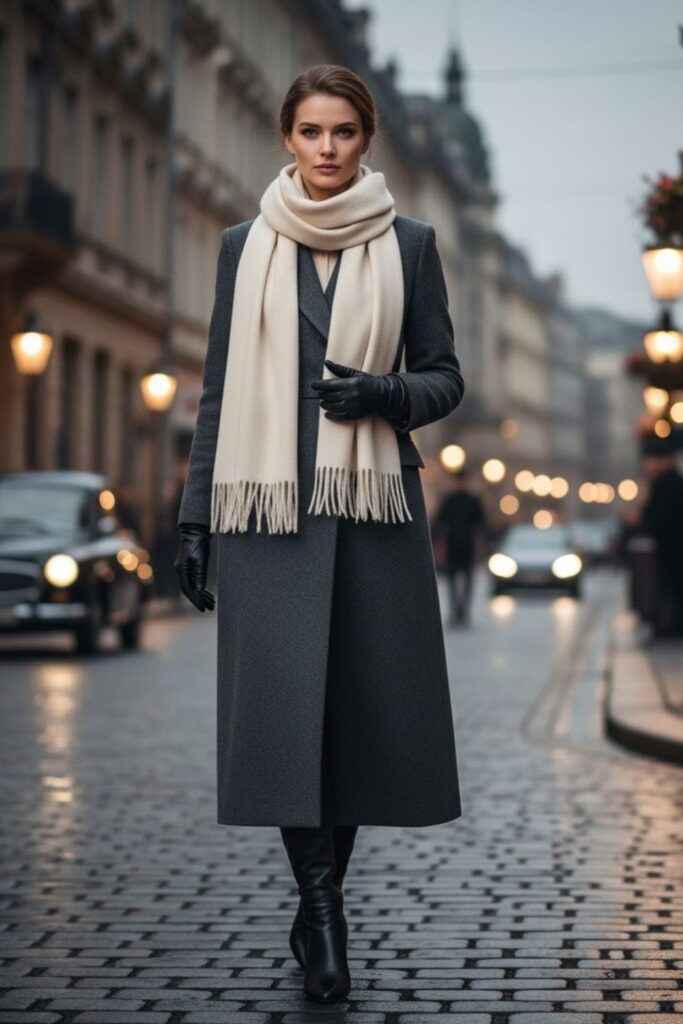 5. Long Wool Coat with Cashmere Scarf and Gloves