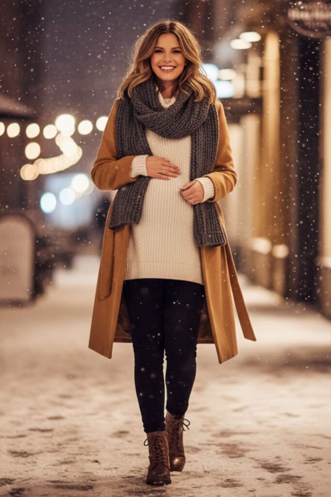5. Maternity Leggings with Oversized Sweater and Coat