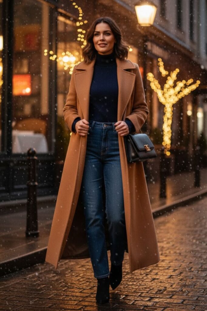 5. Maxi Coat with Knit Top and Jeans