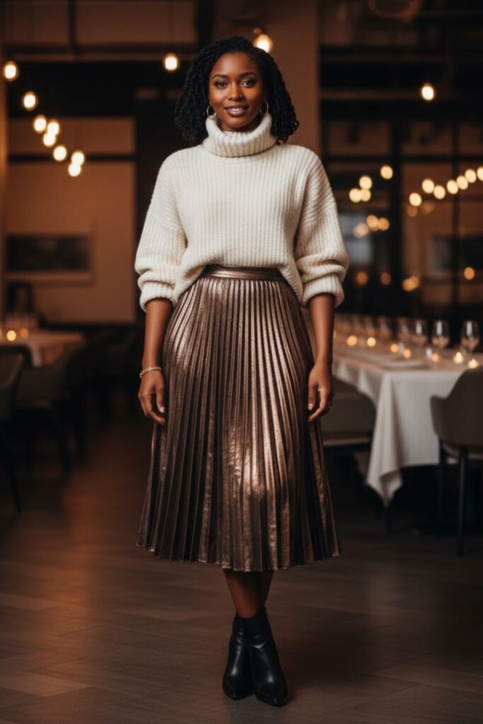 5. Metallic Skirt with Chunky Sweater