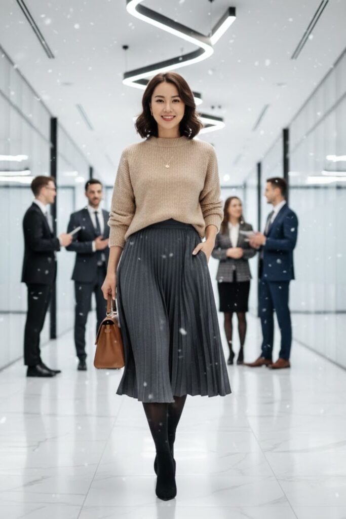 5. Midi Skirt with Chunky Knit Sweater