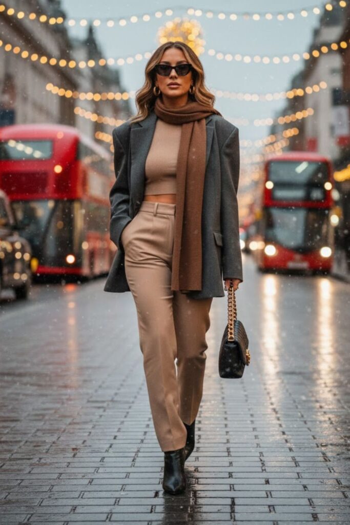 5. Oversized Blazer with Crop Top and High-Waist Pants
