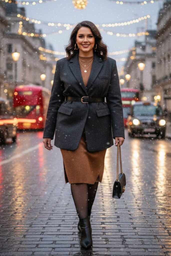 5. Oversized Blazer with Sweater Dress
