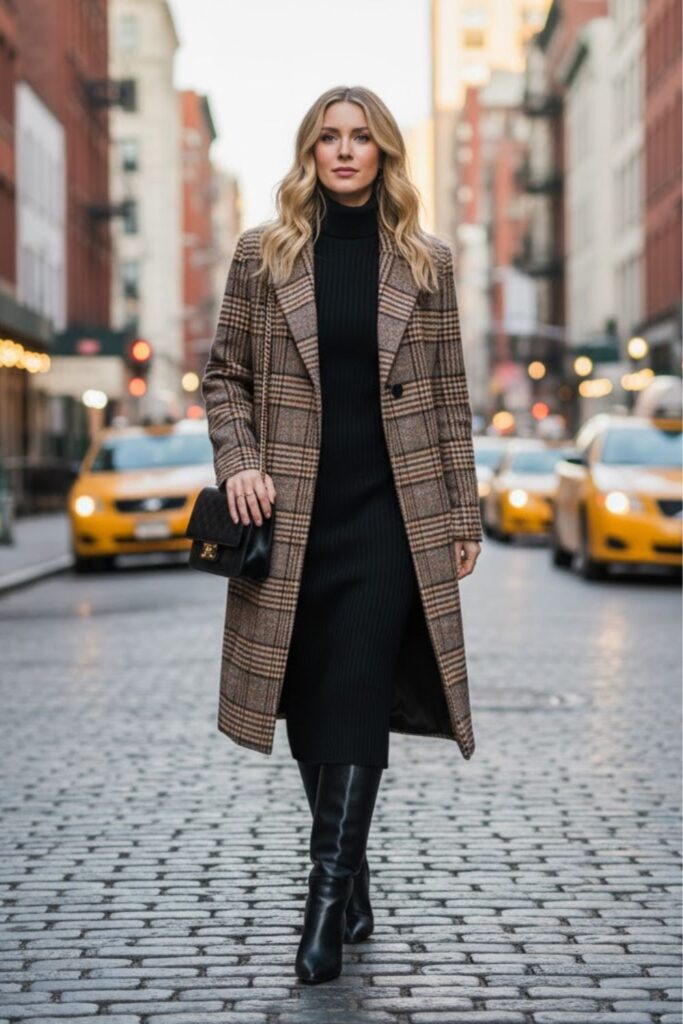 5. Plaid Coat and Turtleneck Dress