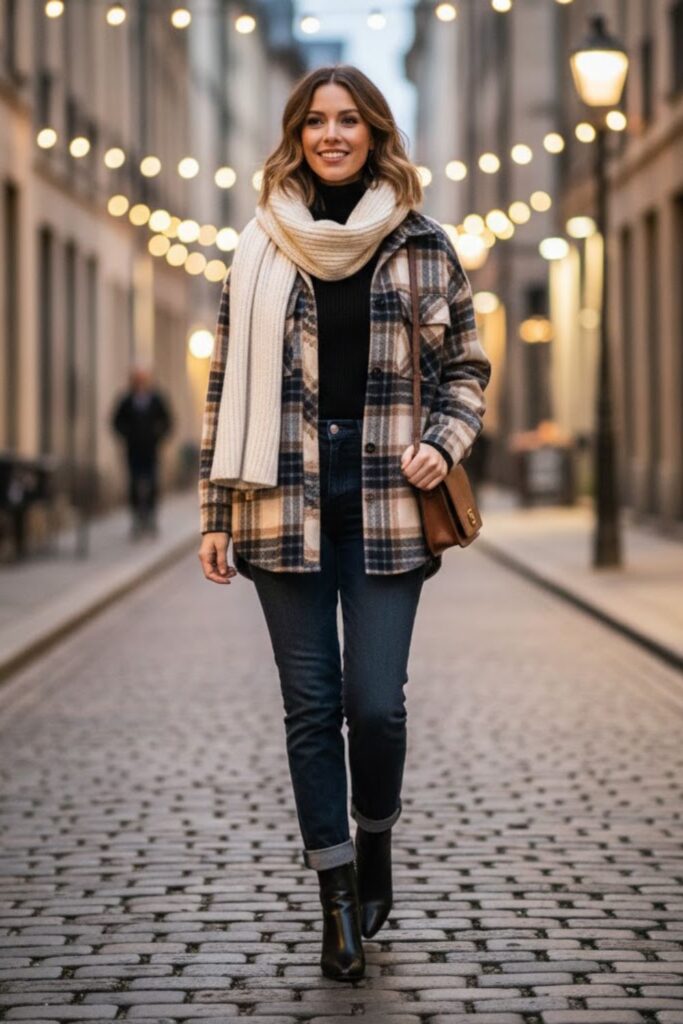 5. Plaid Overshirt with Turtleneck and Jeans