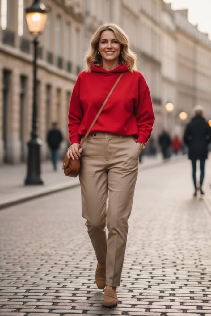 5. Red Hoodie with Beige Chinos and Loafers