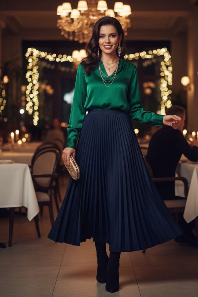 5. Satin Blouse and Pleated Skirt