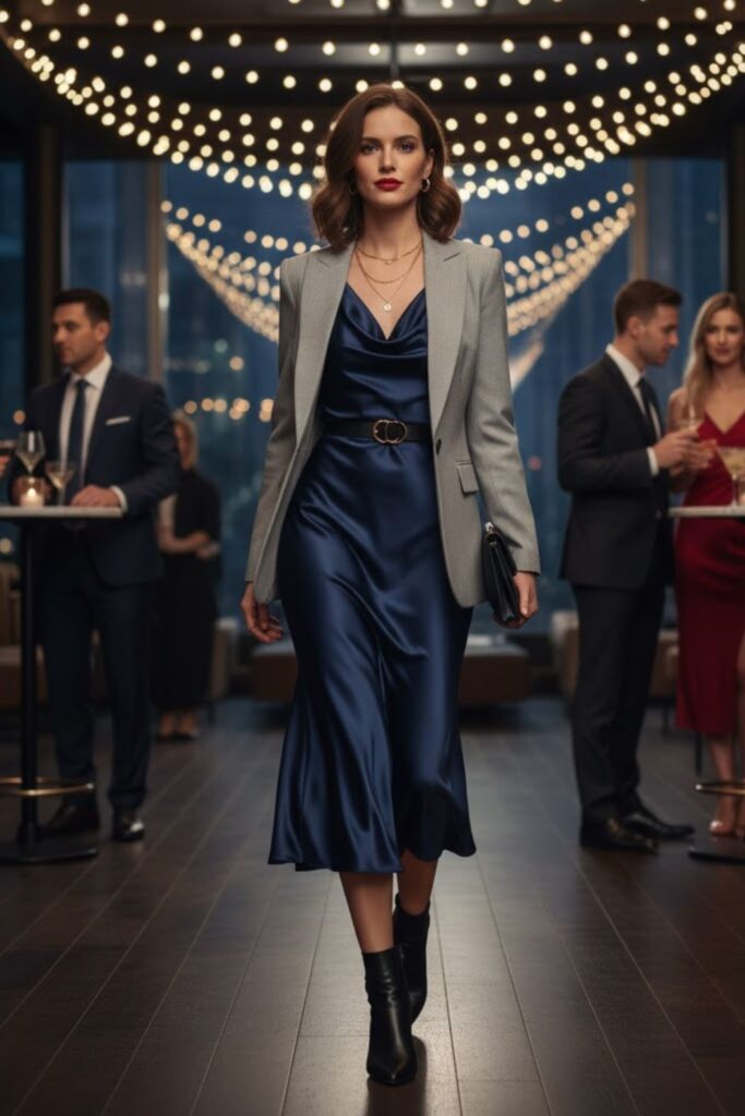 5. Satin Midi Dress with Blazer