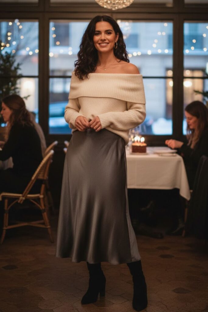5. Satin Midi Skirt and Off-Shoulder Sweater