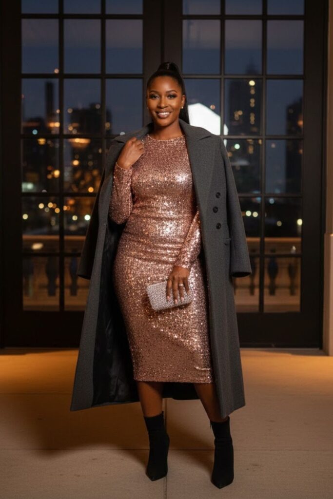 5. Sequin Dress with Long Wool Coat