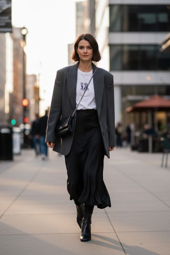 5. Silk Midi Skirt with a Blazer and Graphic Tee