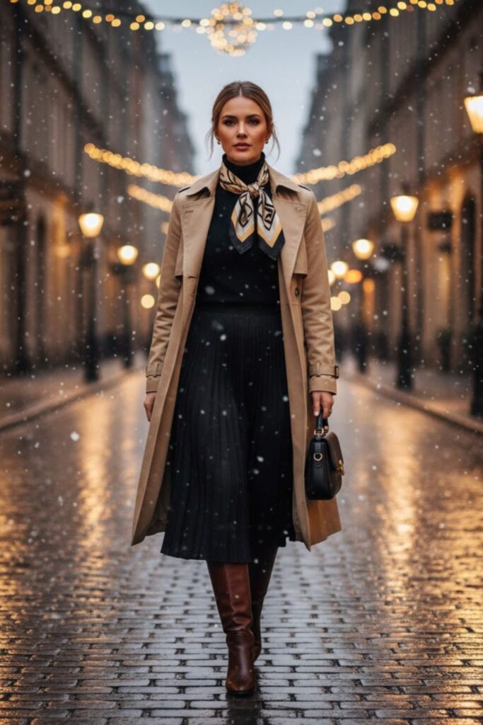 5. Trench Coat with Turtleneck and Midi Skirt