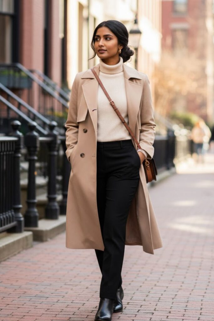 5. Trench Coat with Turtleneck and Slim Trousers