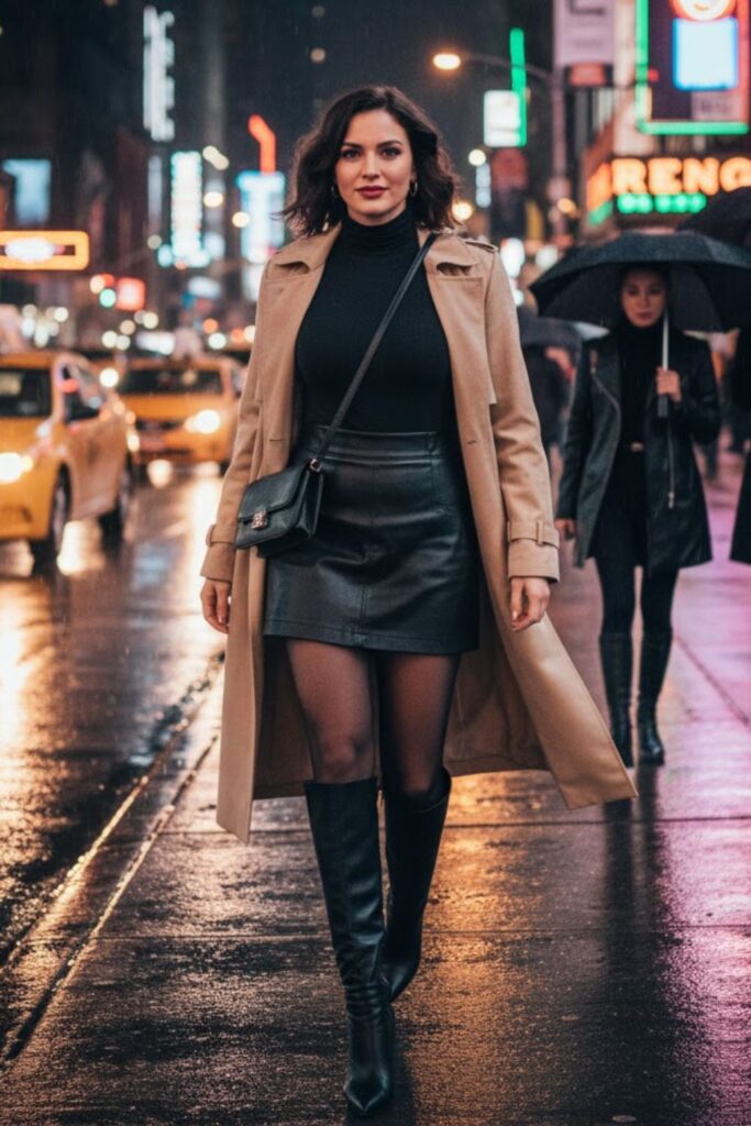 5. Turtleneck Bodysuit and Faux Leather Skirt