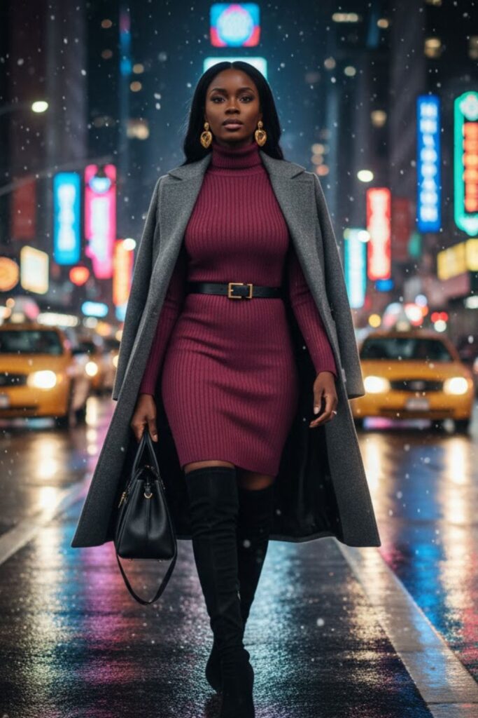 5. Turtleneck Dress with Over-the-Knee Boots