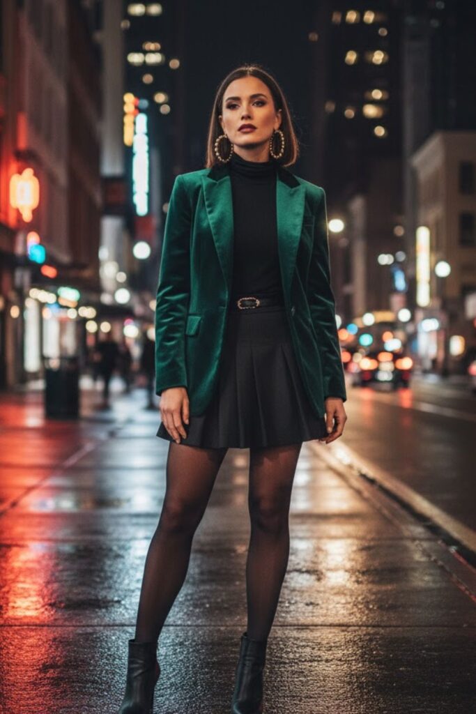 5. Velvet Blazer with Mini Skirt