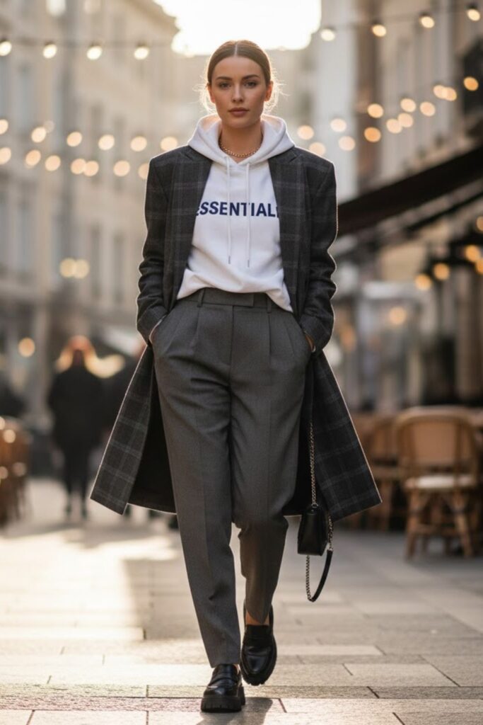 5. White Hoodie with Oversized Blazer and Trousers