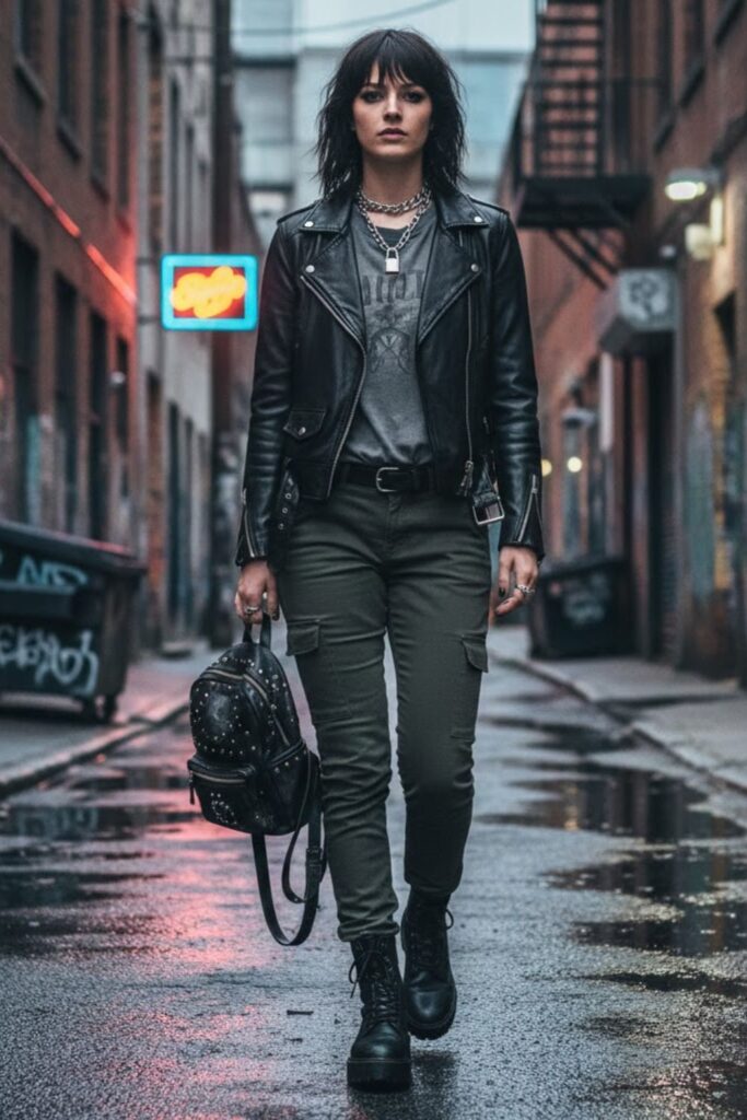 6. Army Green Pants with a Leather Jacket
