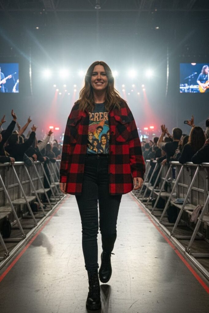 6. Band Tee + Oversized Flannel + Fleece-Lined Jeans