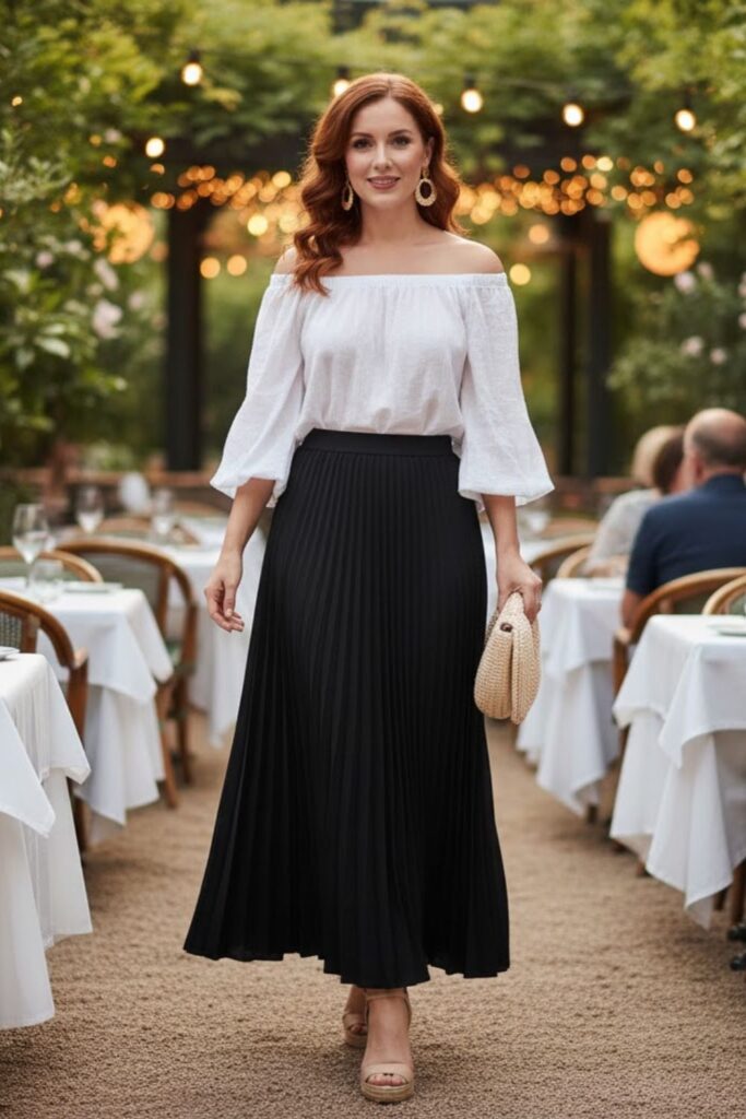 6. Black Pleated Maxi Skirt with Off-Shoulder Top