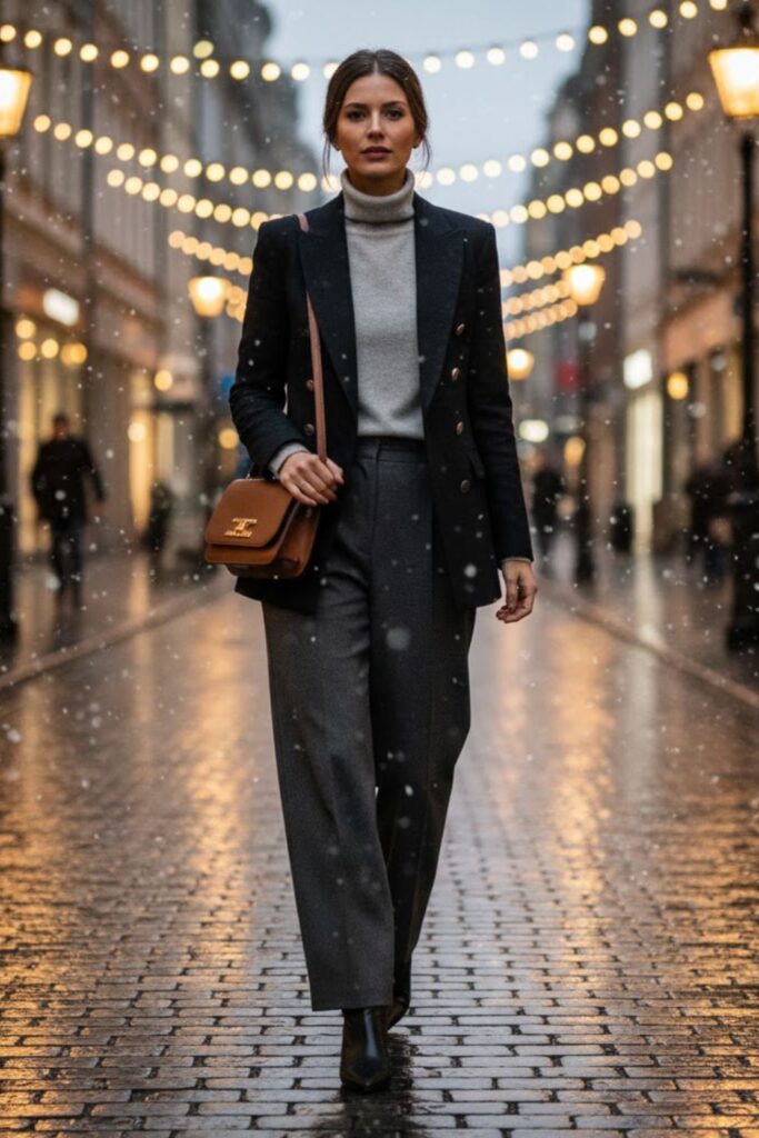 6. Blazer with Cashmere Turtleneck and Wide-Leg Pants