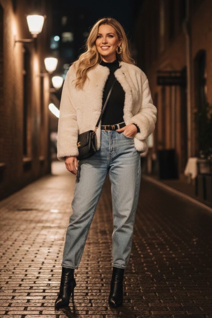 6. Boyfriend Jeans with Faux Fur Jacket