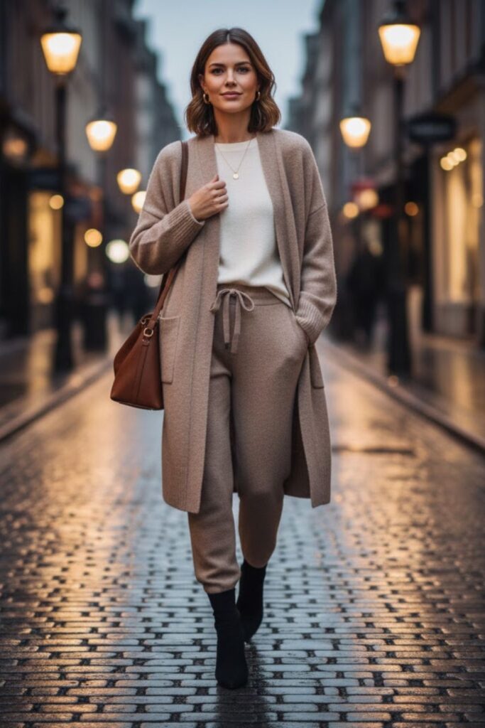 6. Cashmere Joggers with Long Cardigan and Ankle Boots