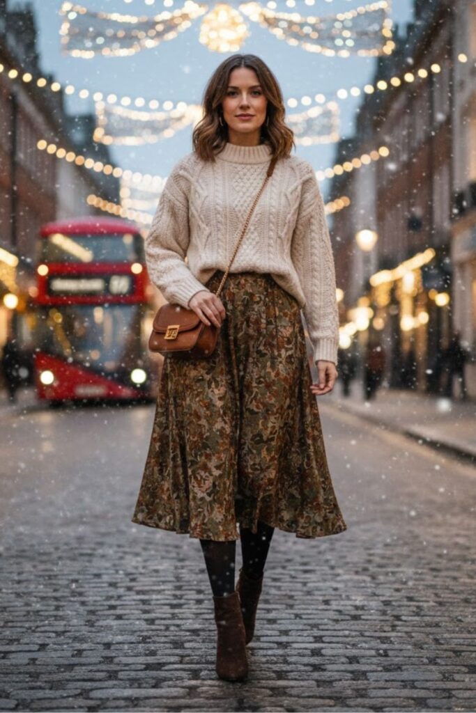 6. Chunky Knit Sweater with Midi Skirt