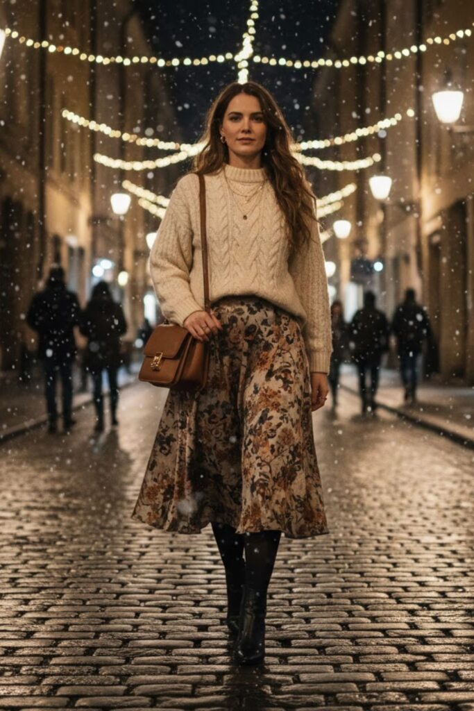 6. Chunky Knit Sweater with Midi Skirt