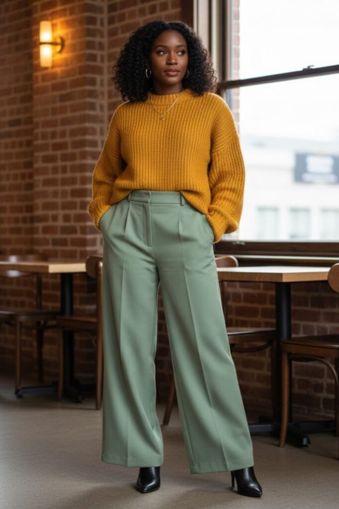 6. Chunky Knit Sweater with Wide-Leg Trousers and Loafers