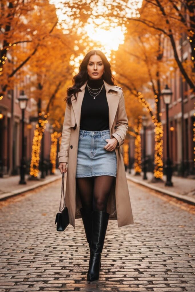 6. Denim Micro Mini Skirt with Turtleneck