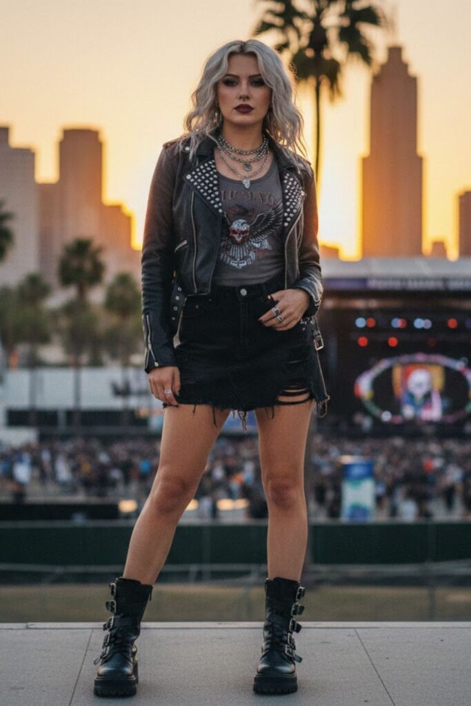 6. Denim Mini Skirt with Leather Jacket and Graphic Tank