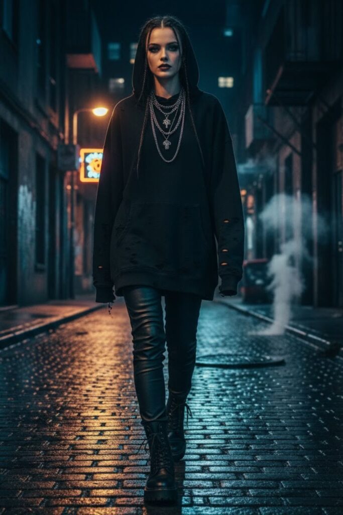 6. Distressed Hoodie with Leather Pants
