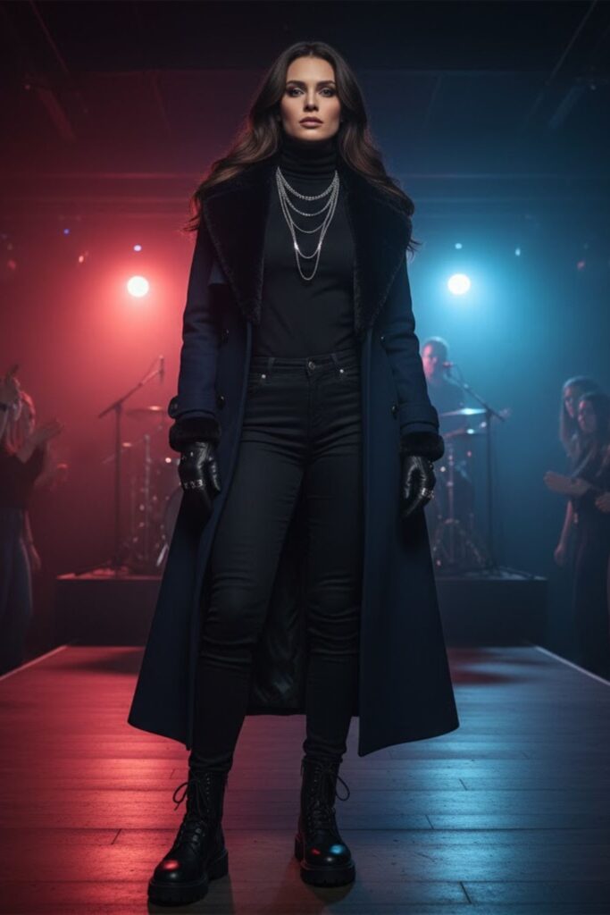 6. Edgy All-Black Outfit with Statement Coat