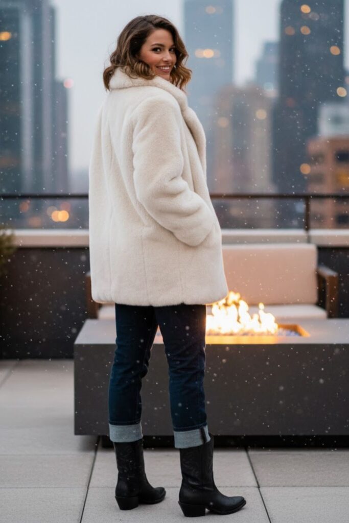 6. Faux Fur Coat with Cowboy Boots