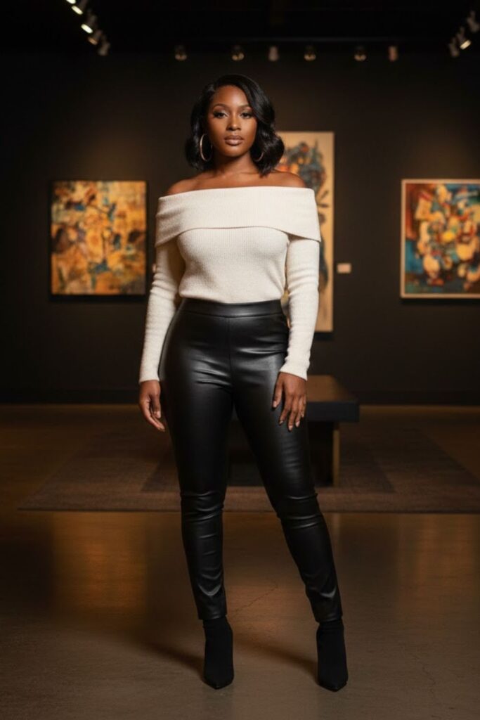 6. Faux Leather Pants with Off-Shoulder Top