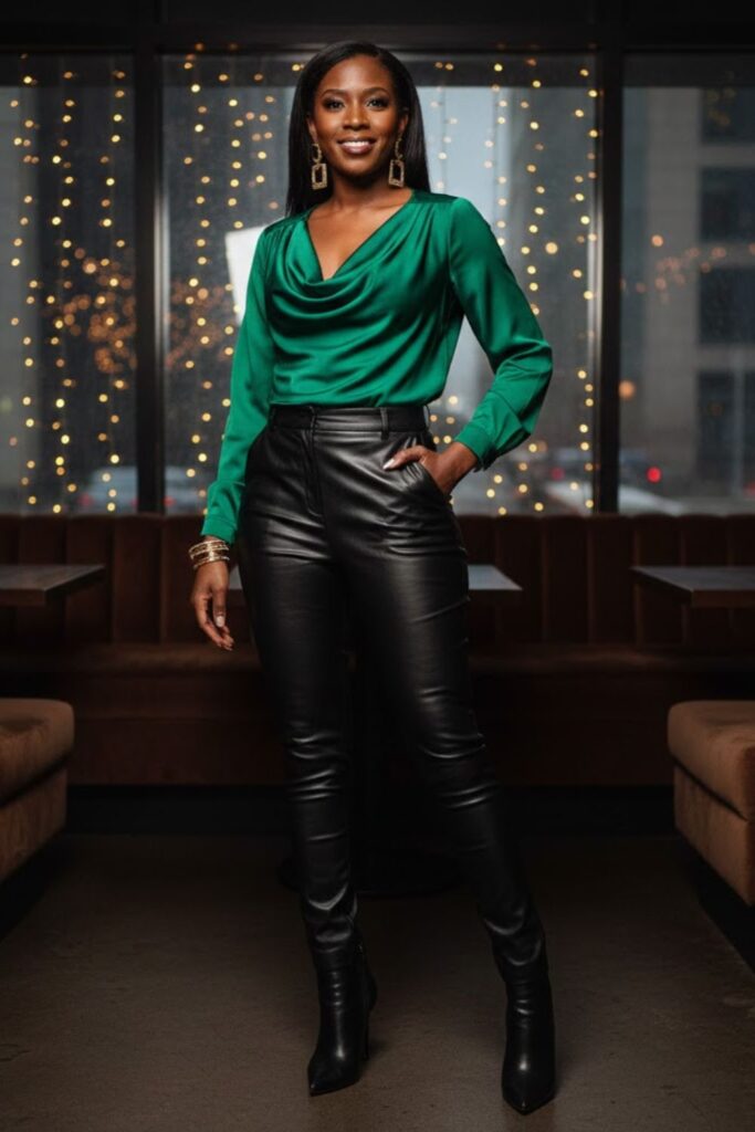 6. Faux Leather Pants with Silk Blouse
