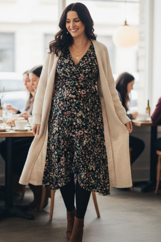 6. Flowy Wrap Dress with Long Cardigan