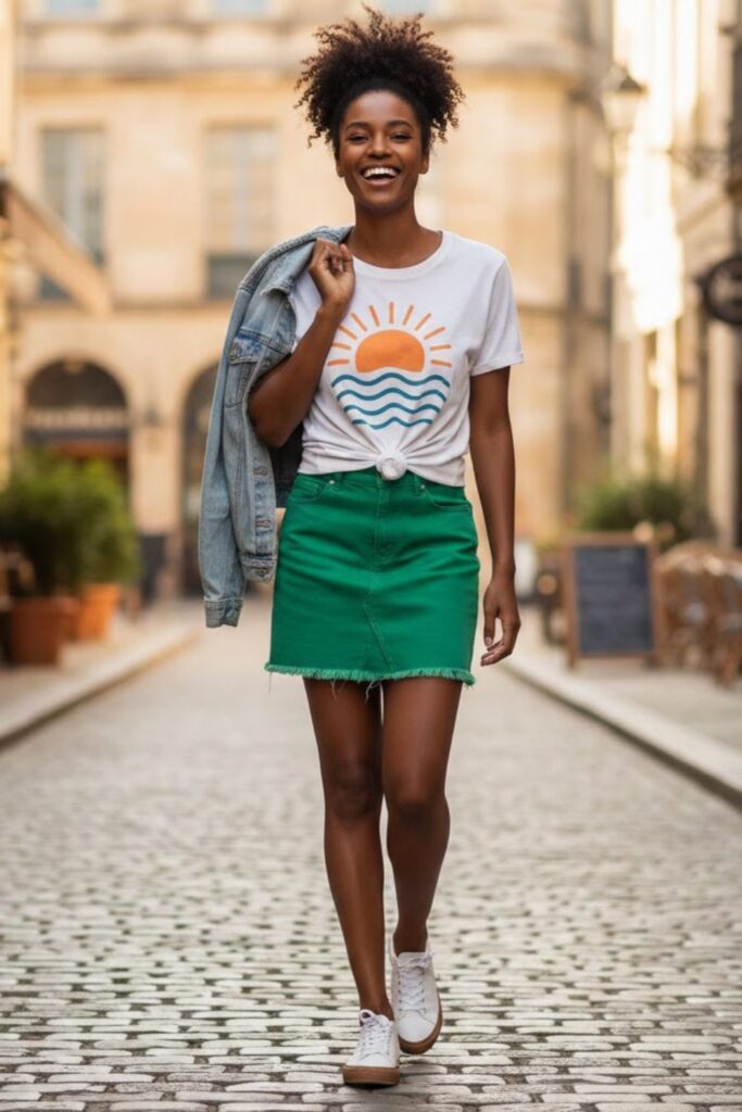 6. Green Mini Skirt with Graphic Tee