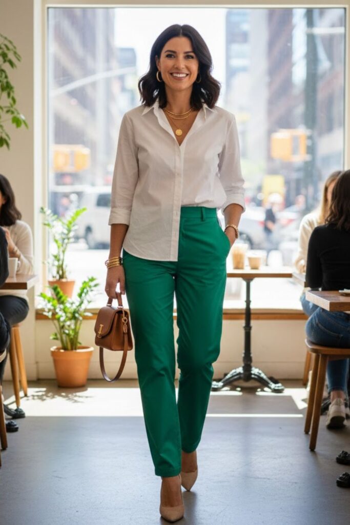 6. Green Parachute Pants with a White Button-Up Shirt