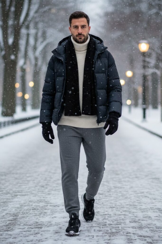 6. Grey Sweatpants with Puffer Jacket and Scarf