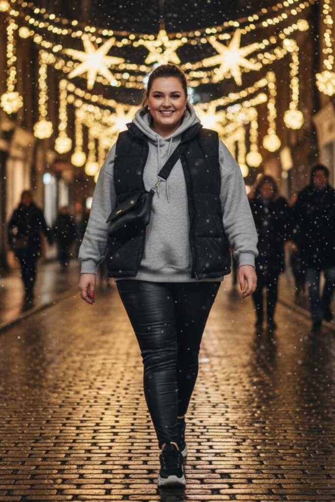 6. Hoodie with Faux Leather Leggings and Sneakers
