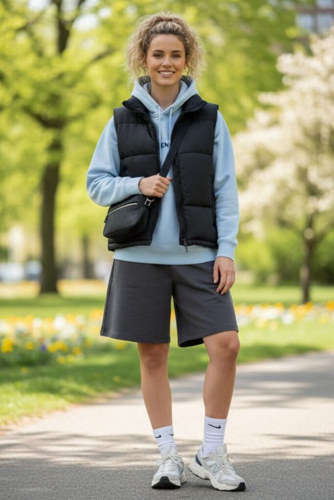 6. Hoodie with Puffer Vest and Sweat Shorts