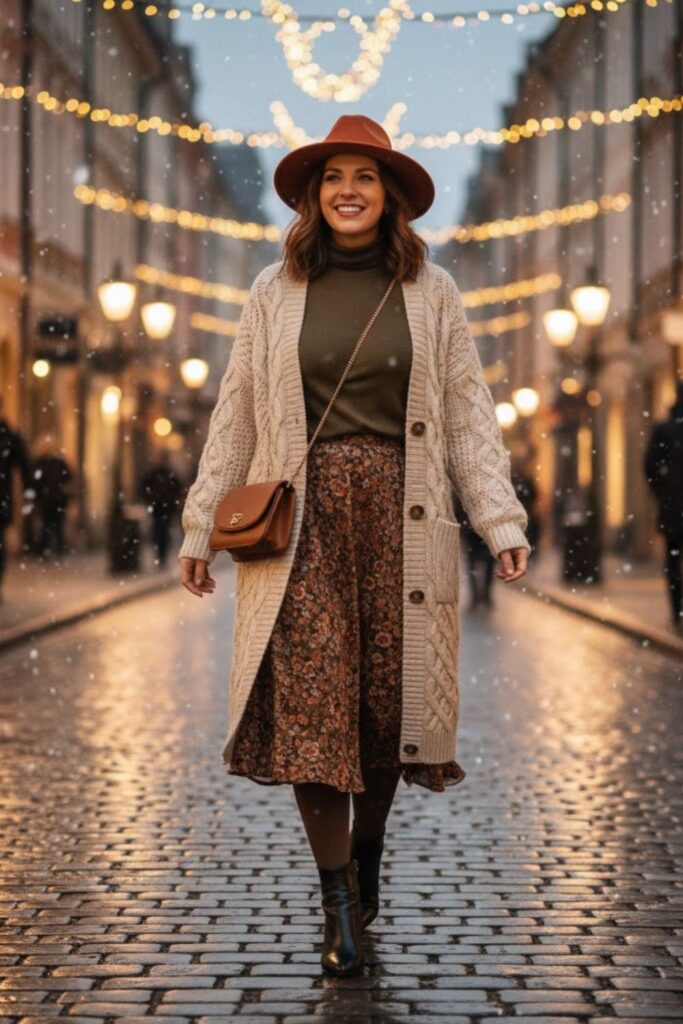 6. Long Cardigan with Midi Skirt and Ankle Boots