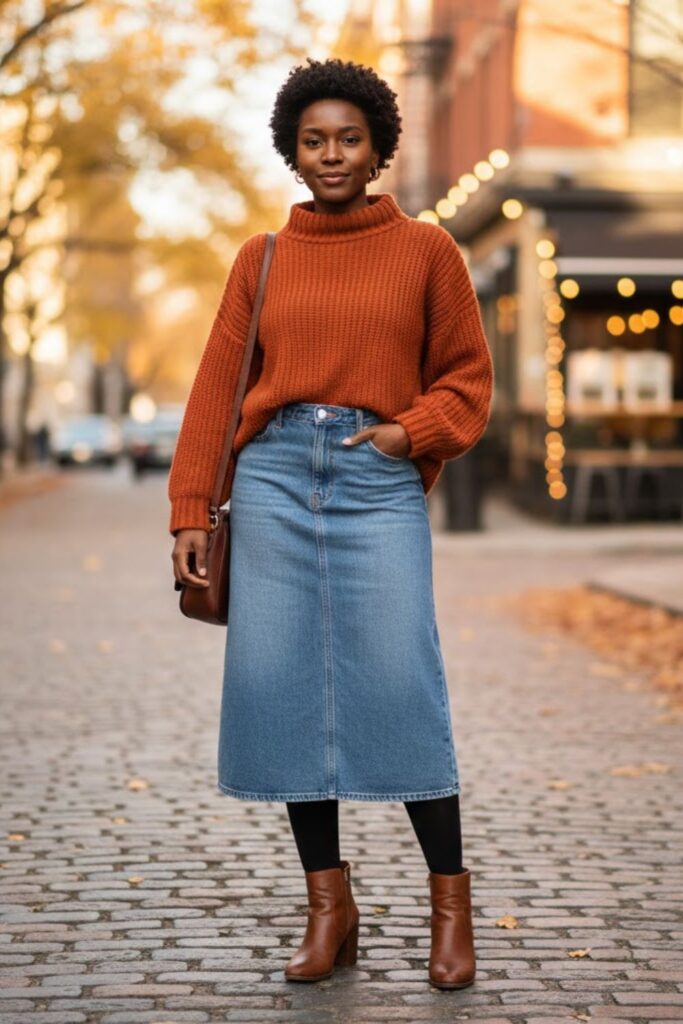 6. Long Denim Skirt with Oversized Sweater