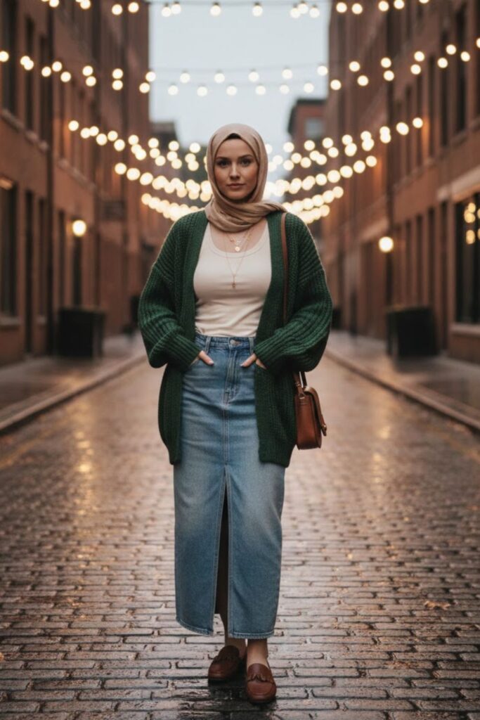 6. Long Denim Skirt with a Cardigan and Tank Top